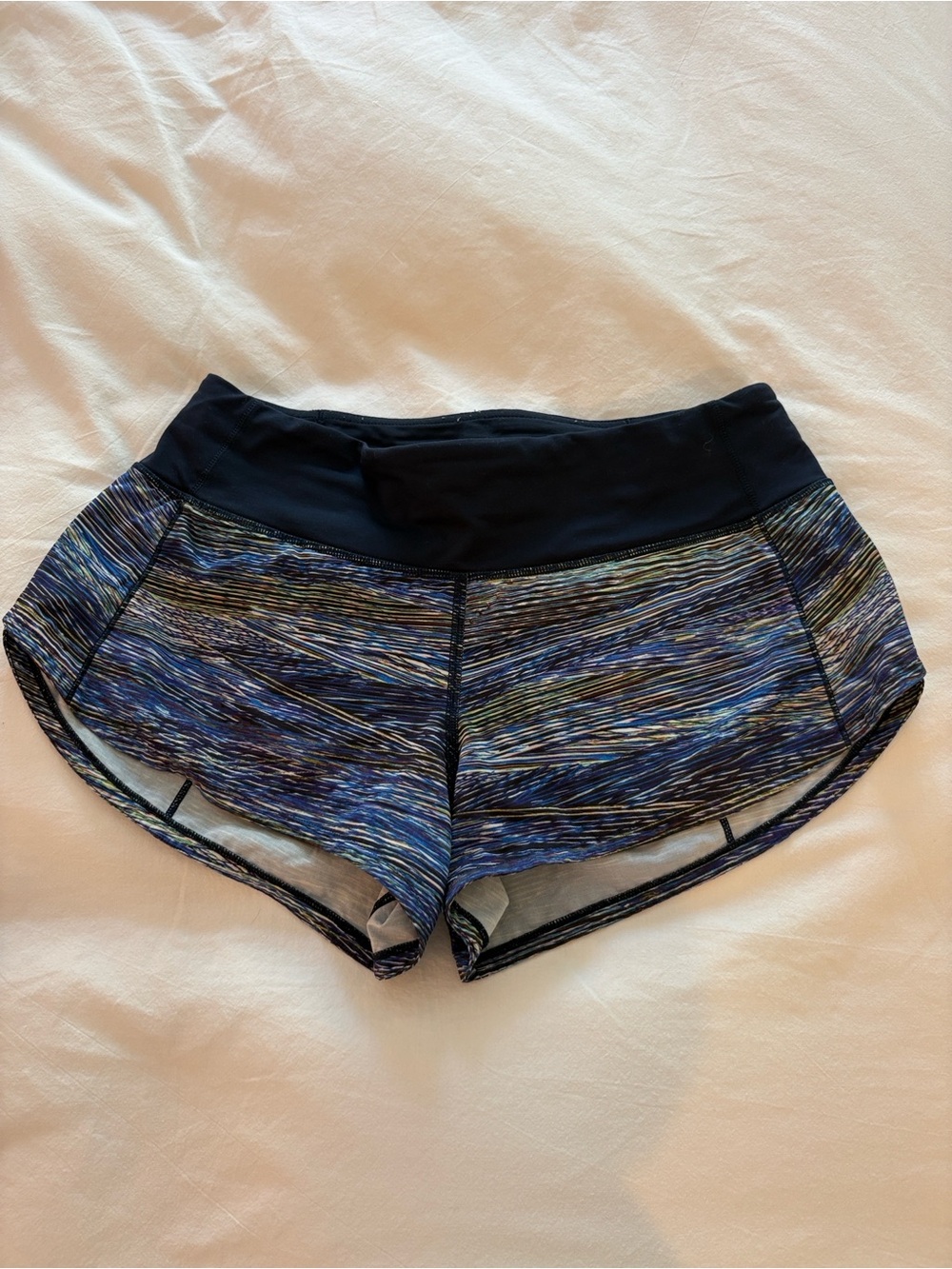 Women’s Lululemon Blue Space-Dye Running Shorts with navy Waistband